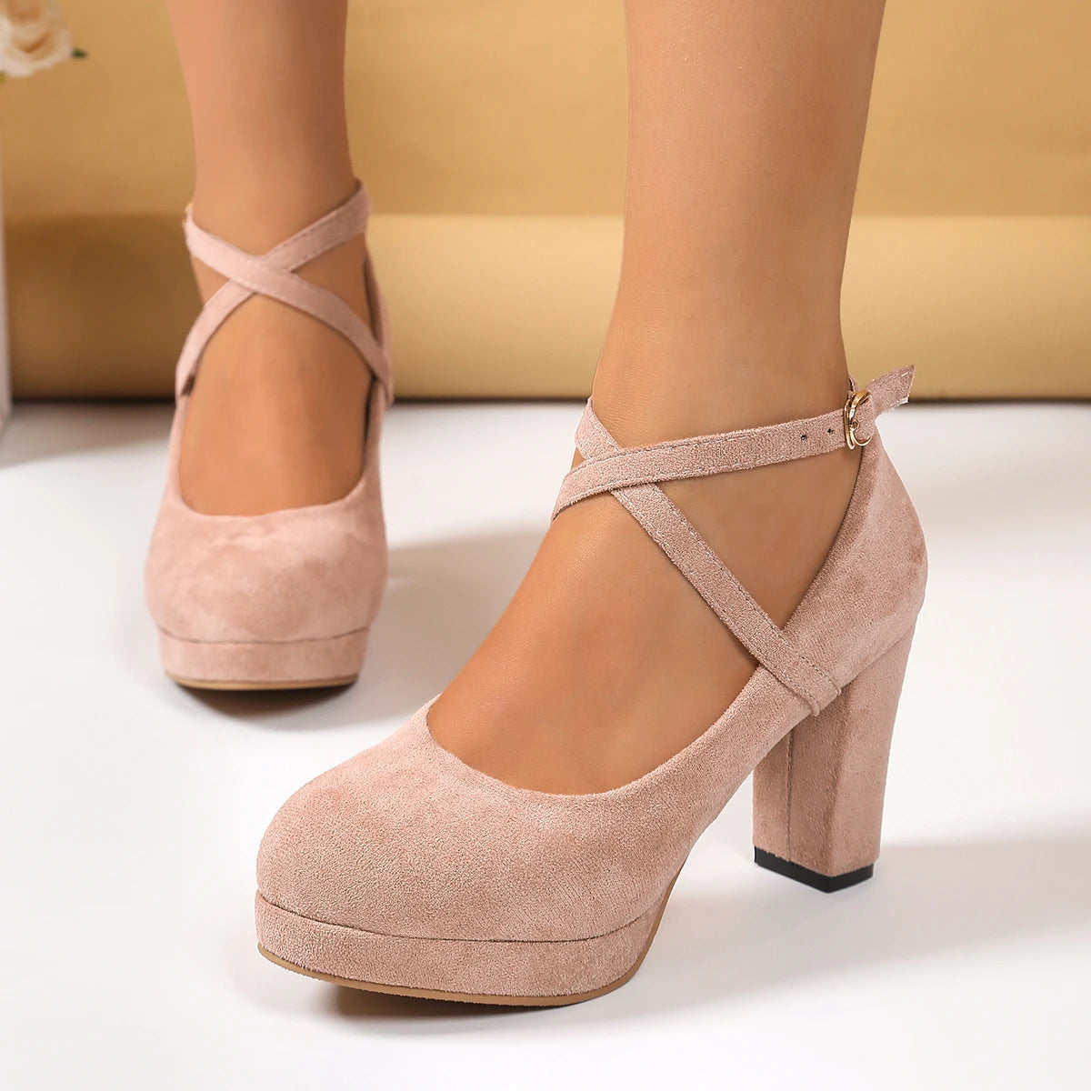 Women Shoes on Heels Women Platform Pumps Spring Summer Shallow Cross Strap Buckle Shoes Round Toe Shoes for Women High Heels.
