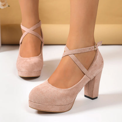 Women Shoes on Heels Women Platform Pumps Spring Summer Shallow Cross Strap Buckle Shoes Round Toe Shoes for Women High Heels.