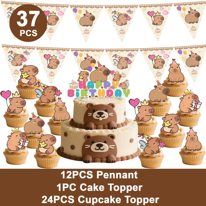 Capybara-Kuchenaufsatz, niedliche Tier-Cupcake-Dekorationen für Kinder, alles Gute zum Geburtstag, Partyzubehör, Capybara-Mottoparty-Dekorationen.