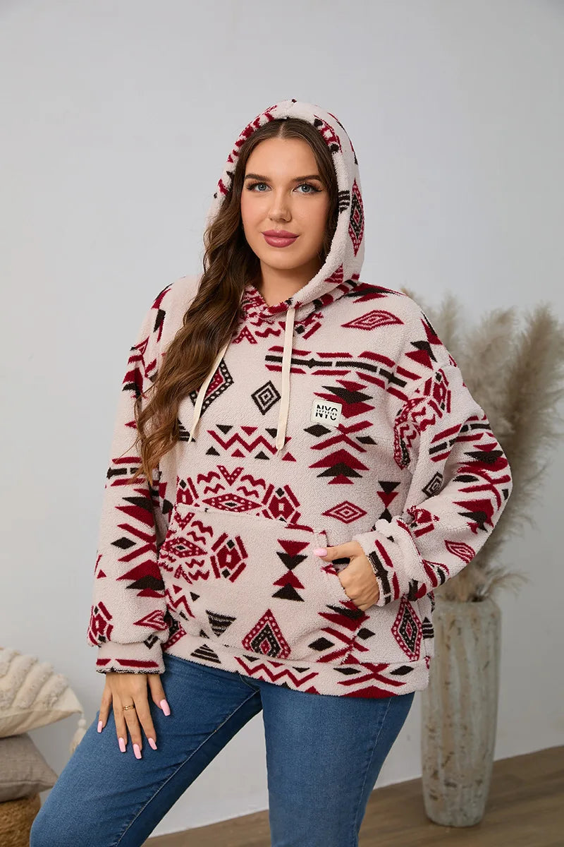 Kapuzenpullover für Damen, große Größe, Reißverschluss-Sweatshirts, ethnischer Druck, flauschiger Streetwear-Pullover, Herbst-Winter-Rollkragenpullover.