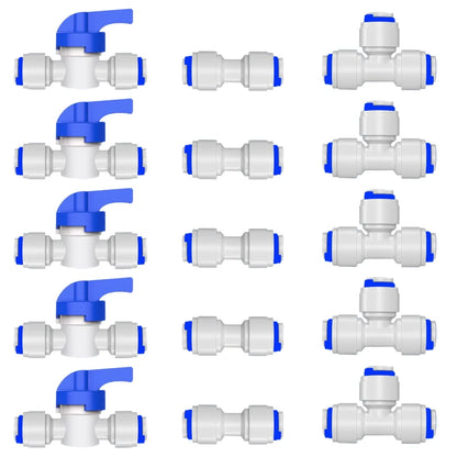 5PCS 3/8" Ball Valve Tees 1/4" OD Elbow Quick Connect Push In to Connect for RO Water Reverse Osmosis System Water Tube Fitting