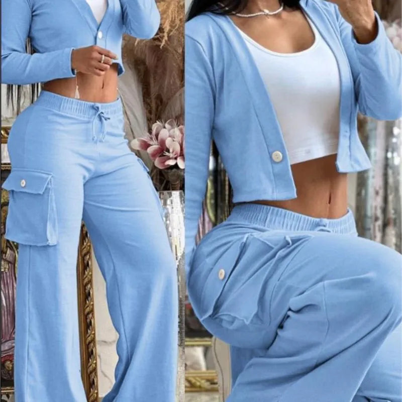 Autumn Fashionable And Elegant Solid Color Women's Suit Long-sleeved V-neck Short Coat Pocket Wide-leg Drawstring Trousers Suit.