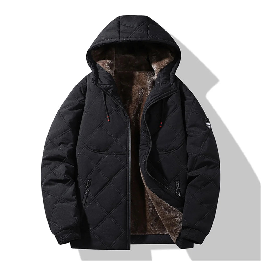 Winter Windproof Thermal Diamond-Pattern Fleece-Lined Thickened Cotton Coat Business Casual Hooded Jacket Fashionable Menswear.