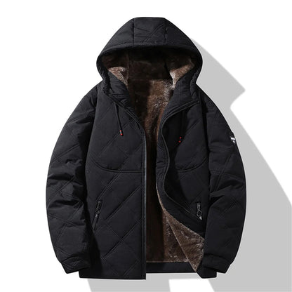 Winter Windproof Thermal Diamond-Pattern Fleece-Lined Thickened Cotton Coat Business Casual Hooded Jacket Fashionable Menswear.