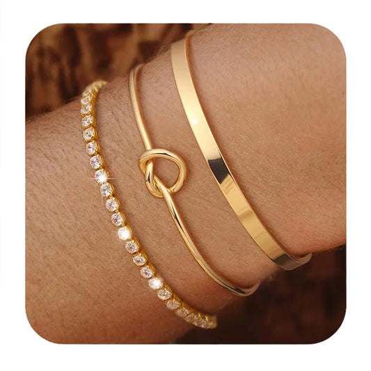 3pcs Stainless Steel Gold Plated Bracelets for Women Adjustable Jewelry Gifts Luxury Zircon Chain Bangles Jewelry Accessories.