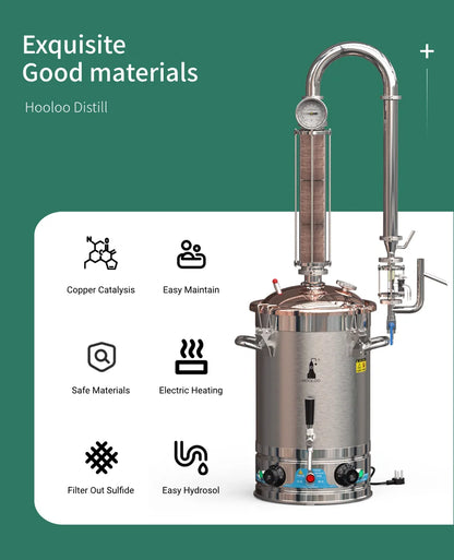 HOOLOO CT Distiller Electric Hydrolat Essential Oil Still Moonshine Still Copper lid Glass Copper Mesh Column Home Fragrance.