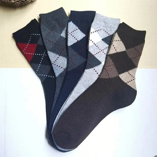 5 Pairs Men's Splicing Diamond Patterns Wool Socks Warm Winter Mid Length Socks Thickening Soft Cold-resistant Men Boots Socks.