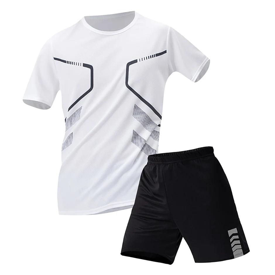2-pcs Men's Quick-drying Exercise Black-and-white Suit Running Fitness Breathable Short Sleeve Comfortable Joker Playing Shorts.
