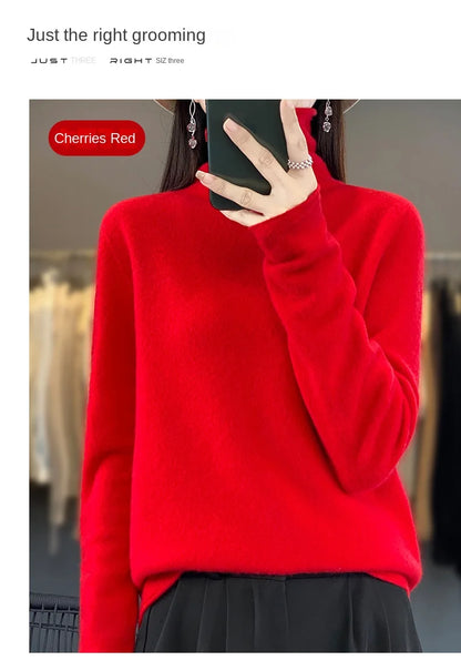 2025 100% Merino Wool Sweater Elegant Cashmere Pullover Women Pile Collar Long Sleeve Knitwear Basic Clothing  Jumper Tops