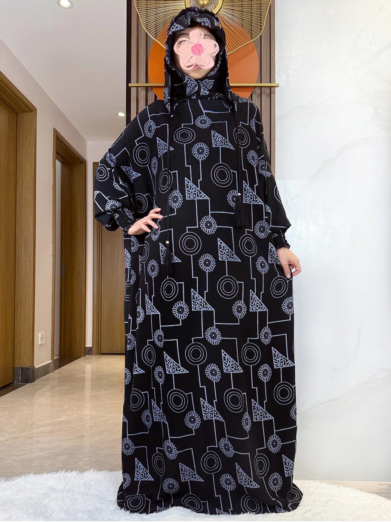 Promotion New Double Hat Women Abaya With Hooded Irregular Pattern Long Abaya Tassel Muslim Saudi Prayer Kaftan Oriental Robes.