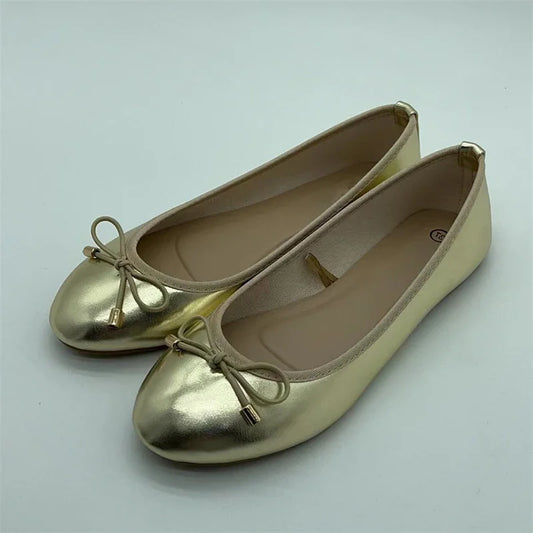Eilyken Gold Silver Elegant Bowknot Round Toe Women's Flat Comfort Slip-On Ladies Ballerina Single Mules Shoes Zapatos Mujer.