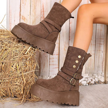Brown Chunky Platform Women's Snow Boots Winter Retro Button Buckle Detor Snow Boots Woman Faux Suede Keep Warm Botas Mujer.