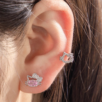 Cute Pink Zircon Cat Stainless Steel Ear Bone Nail Water Droplet Pendant Small Earrings for Women Cochlear Puncture Accessory.