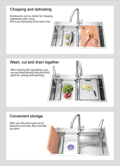 304 Stainless Steel Kitchen Sink Silver Embossed Large Single Slot Home Improvement Multifunction Wash Basin For Kitchen