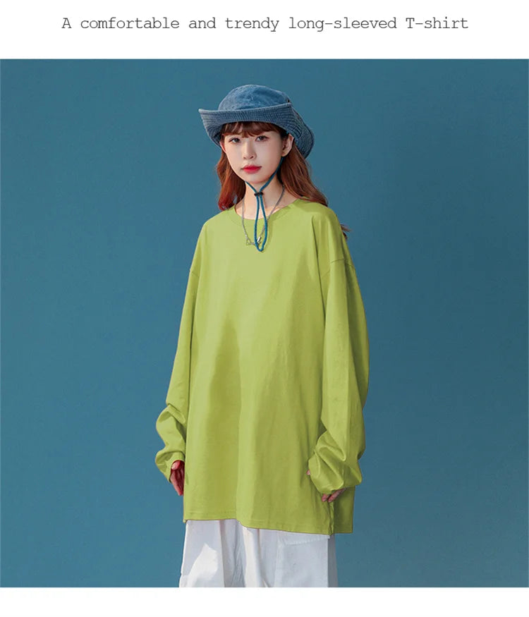 COUTUDI-Oversized T-Shirt for Women, Loose Pullover,Long Sleeve, Casual 100% Cotton Tee Shirt, Lady Tops, Korean Streetwears.