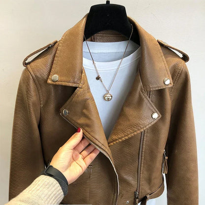 Dünne Jacke mit Gürtel Weibliche Streetwear Leder Mantel Biker Moto Frühling Herbst Frauen Faux Leder Jacke Oberbekleidung Neue Mode.