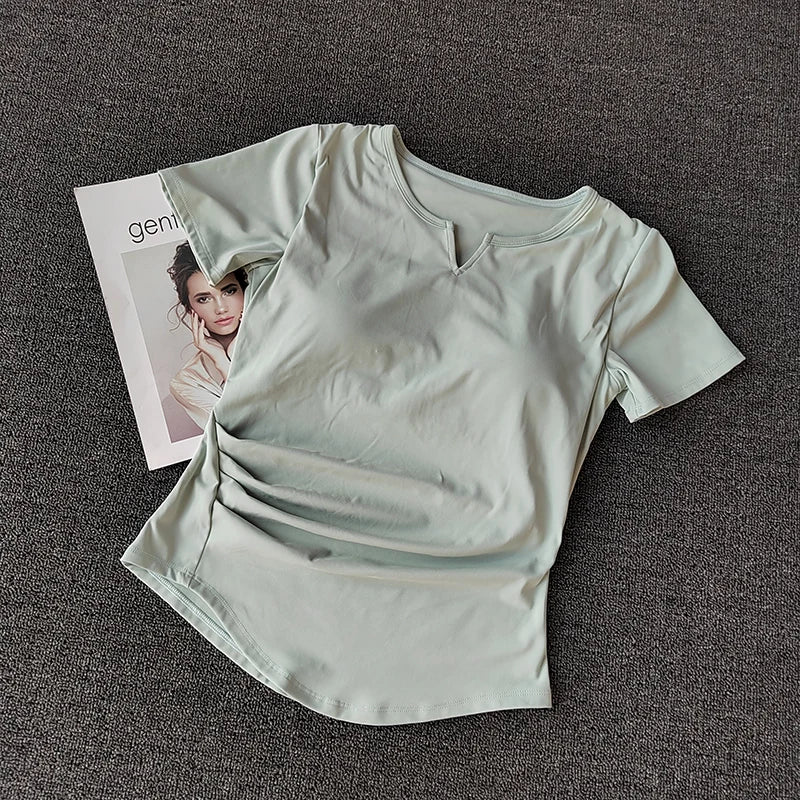 Women's  Sports Shirts Yoga Short-sleeved T-shirt Padded Tight Training T-Shirt Breathable Quick-dry Running T-Shirt Fitness Top.