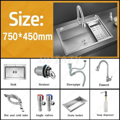 Handgefertigtes silbernes Küchenspülbecken aus Edelstahl 304, herunterziehend, Einzelschüssel-Waschbecken mit Abflussset