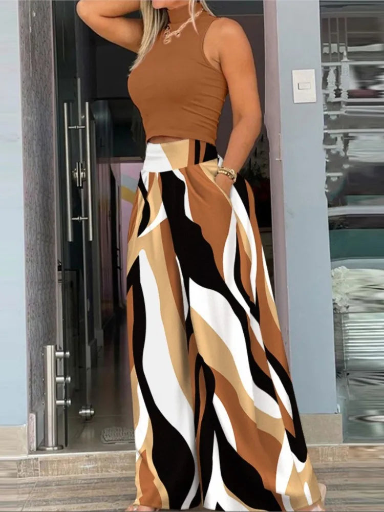 Women Casual Print Set Fashion Sleeveless Turtleneck Top T-shirt 2 Piece Sets Lady Loose Wide Leg Pants Two Piece Sets Summer.