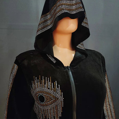 Long Sleeved Hooded Muslim Dress Velvet Diamond Clothing for Women Dubai Abayas Casual Korean Style Kaftan Evening Dress Abayas.