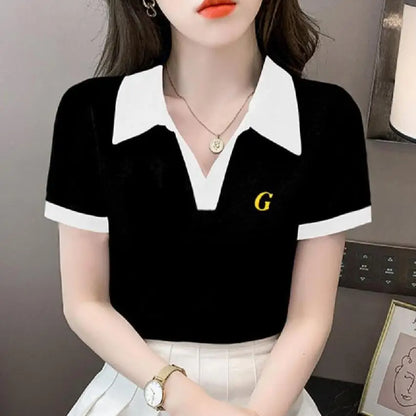 Women's Polo Shirts Slim Female Tee Plain Graphic T-shirts Embroidery Polyester Y2k Fashion Aesthetic Basic Synthetic Luxury New