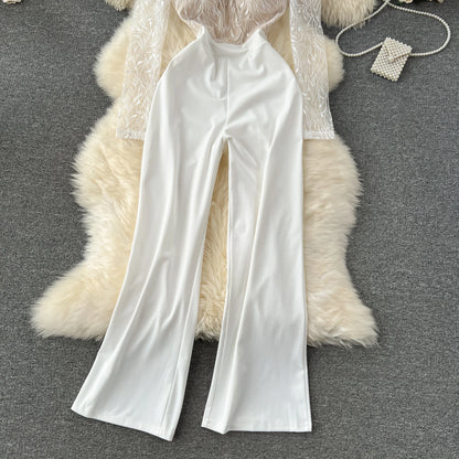 Light Luxury Elegant Women White Backless Jumpsuits Temperament O-neck Puff Long Sleeve Embroidery Female Playsuits.