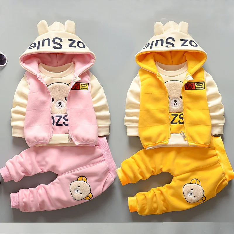 Baby Warm Clothes Sets Autumn Winter Boys Girl Thick Velvet Sport Suits Kids Clothes Outfits Infant Tops+Vest+Pants 3Pcs 0-4Y.