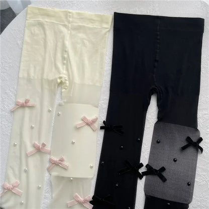 Sweet Pure Desire Butterfly Knot Stockings Pearl Pantyhose Women's Ultra Thin Any Cut Anti Snag Long Tube Socks.