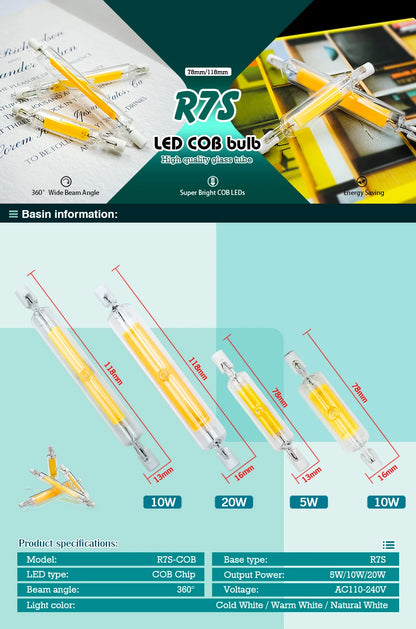 R7S LED Glasröhre 78mm 118mm COB Birne 5W 10W 20W r7s Lampada Mais Lampe J78 J118 AC220V 110V Energiesparende Ersetzen Halogen Licht.
