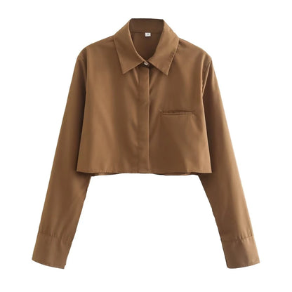 Women Fashion Loose Cropped Shirts Vintage Long Sleeve Front Button Female Blouses Blusas Chic Tops.