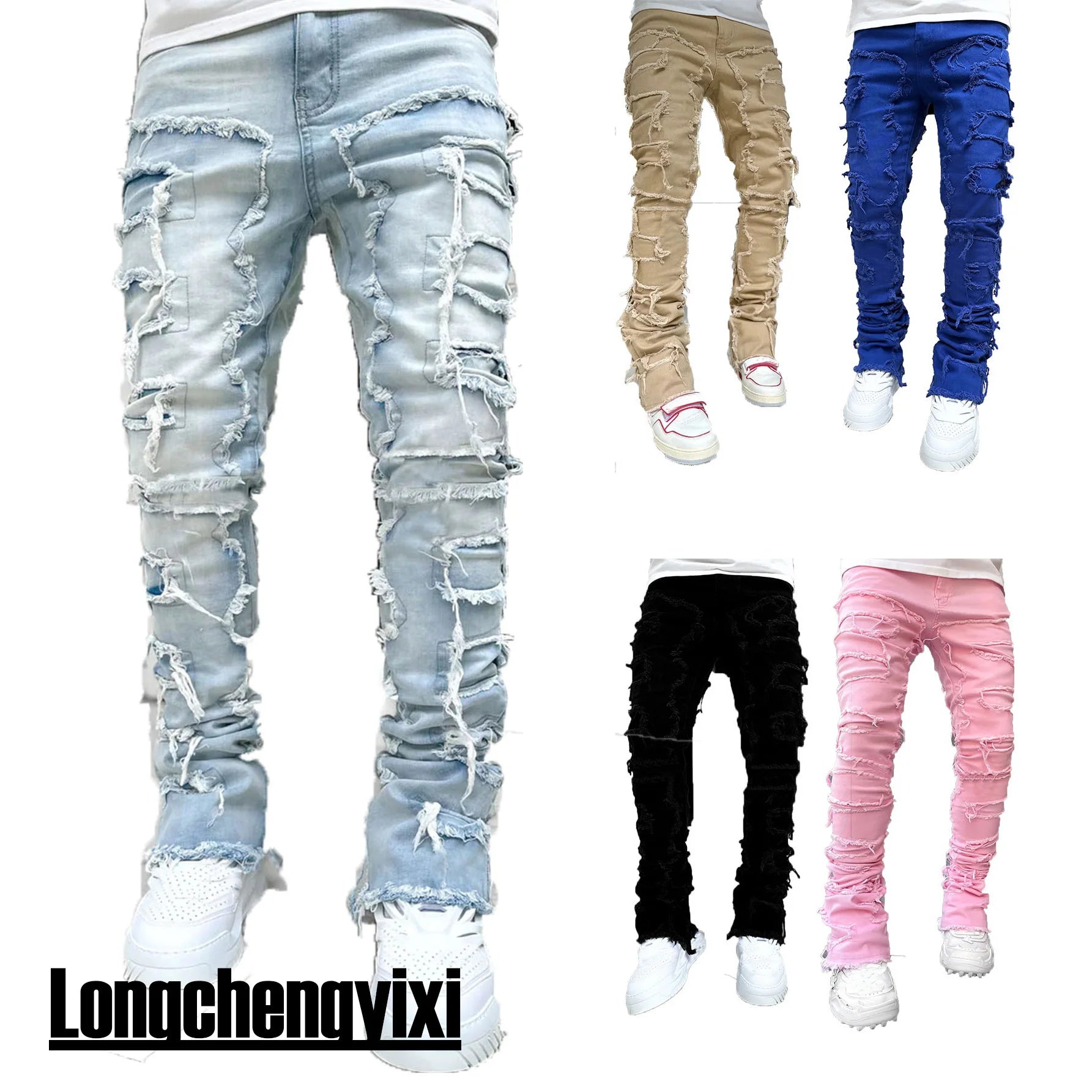 Men's Regular Fit Stacked Jeans Ripped Slim Fit Patch Distressed Destroyed Straight Denim Pants Hip Hop Streetwear Trouser Cloth.