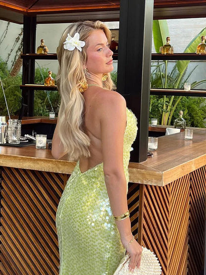 Pailletten rücken freie lange Kleider sexy Halfter Slim Fit Glitzer Abend roben Party Social ite schimmernde Frauen wickeln Hüft kleid Sommer.