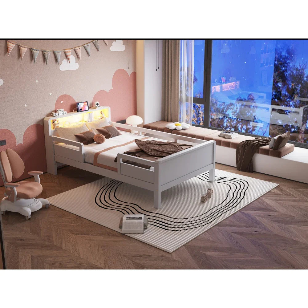 Multifunktions-Holzbett, USB- und Tape-C-Kombinationssteckdose, kleines LED-Licht, Kopfteil mit Einlagerfunktion, Einzelbett