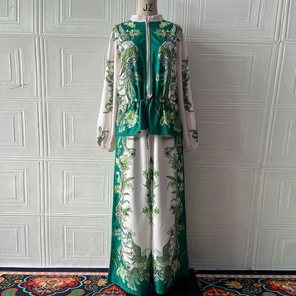 Summer Fashion Print Women's 2-piece Set Flower Zipper Baseball Uniform Drawstring Trousers Two-piece Outfit Elegant Office Suit