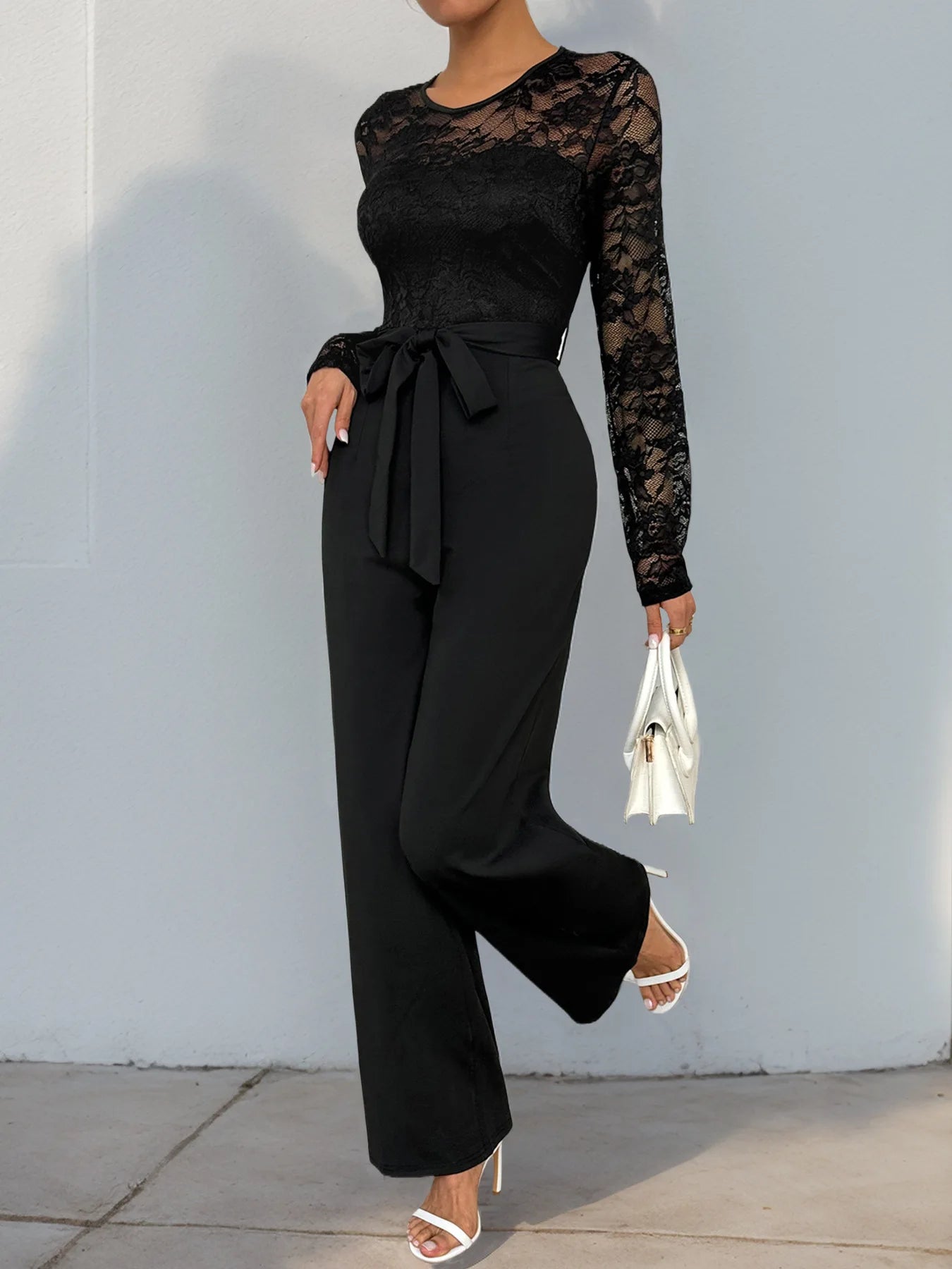 Spring New Women's Sexy Lace Spliced Long Jumpsuit Fashion Solid Color Hollow Long Sleeve Casual Laces Wide Leg Jumpsuit Women.