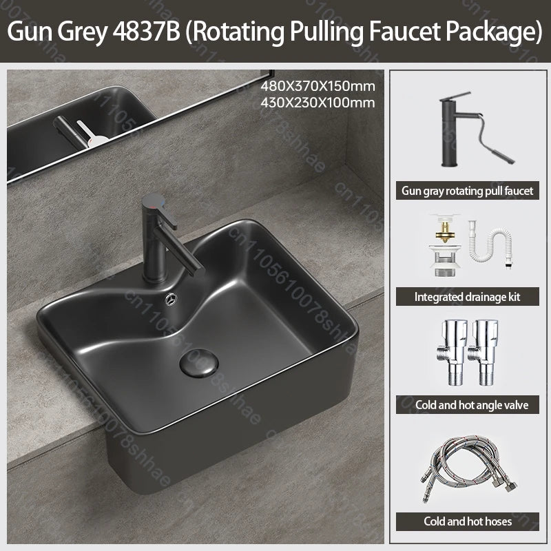 Porcelain Ceramic Vessel Sink with Drain Semi Recessed Vanity Art Sink Wash Basin Bowl for Modern Home Bathroom Decor Washbasin