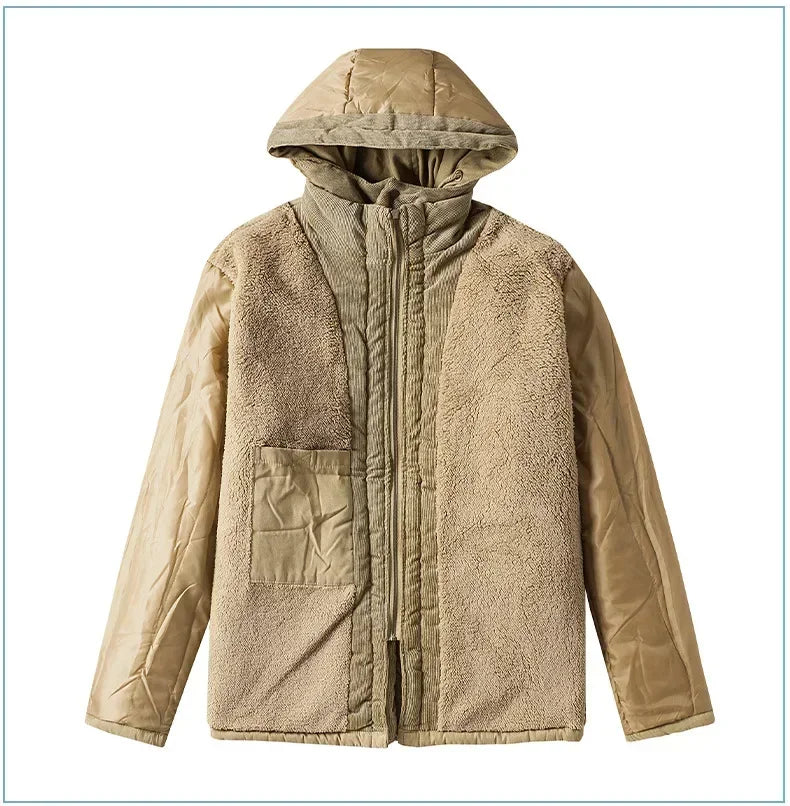 Men's Jacket WINTER USA SIZE Large SIZE Lamb Fleece JACKETS Hooded Cotton Thickened Multi Pocket Casual Mid length Coat