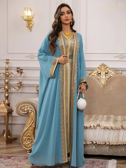 Eid Frauen Abaya Kleid Muslim 2-teiliges Set Strickjacke mit Innenkleid Schnürmantel Kaftan Robe Jalabiya Ramadan Marokko Kaftan 2025.
