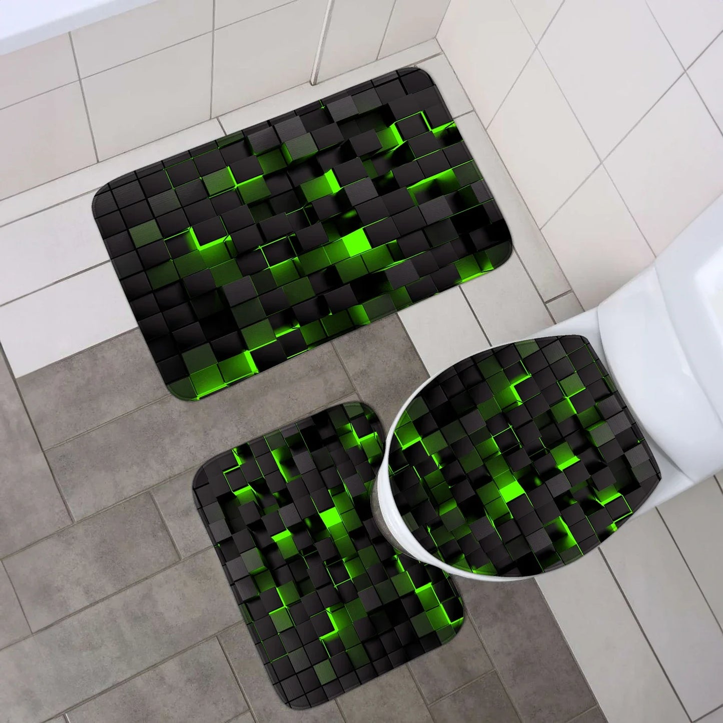 4-teiliges Set mit technologischen, blauen und schwarz karierten, bedruckten, wasserdichten Duschvorhängen mit 12 Haken, Badezimmer-Fußmatten