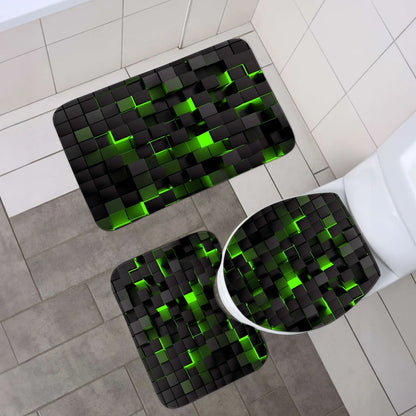 4-teiliges Set mit technologischen, blauen und schwarz karierten, bedruckten, wasserdichten Duschvorhängen mit 12 Haken, Badezimmer-Fußmatten