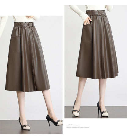 S-5XL New Women Plus Size Leather Skirt Spring Autumn Fashion Stretch Waist A-Line Loose Long Skirt Split Leather Sheepskin