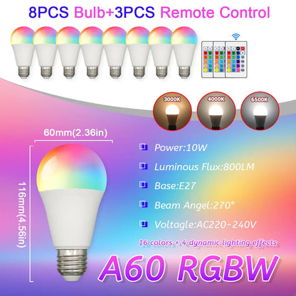 E27 RGB LED Light Bulb 220V 10W with IR Color Changing Control Remote Multicolor + White Lamp Spotlight for Bedroom Party Home