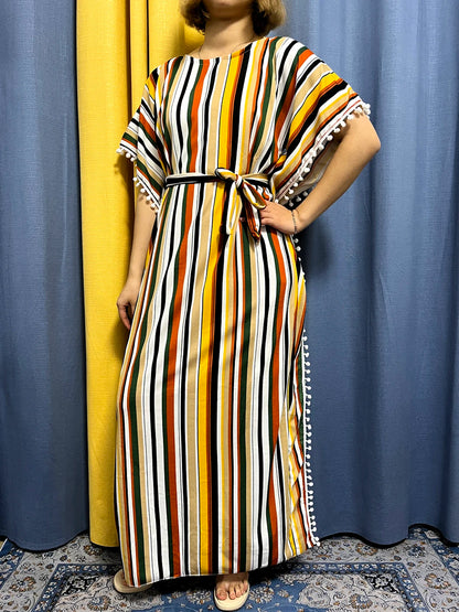 Abayas For Women 2024 Printed Vertical Stripe Tassels Elasticity Loose Fit Femme Robe African Woman Dresses With Belt Headscarf