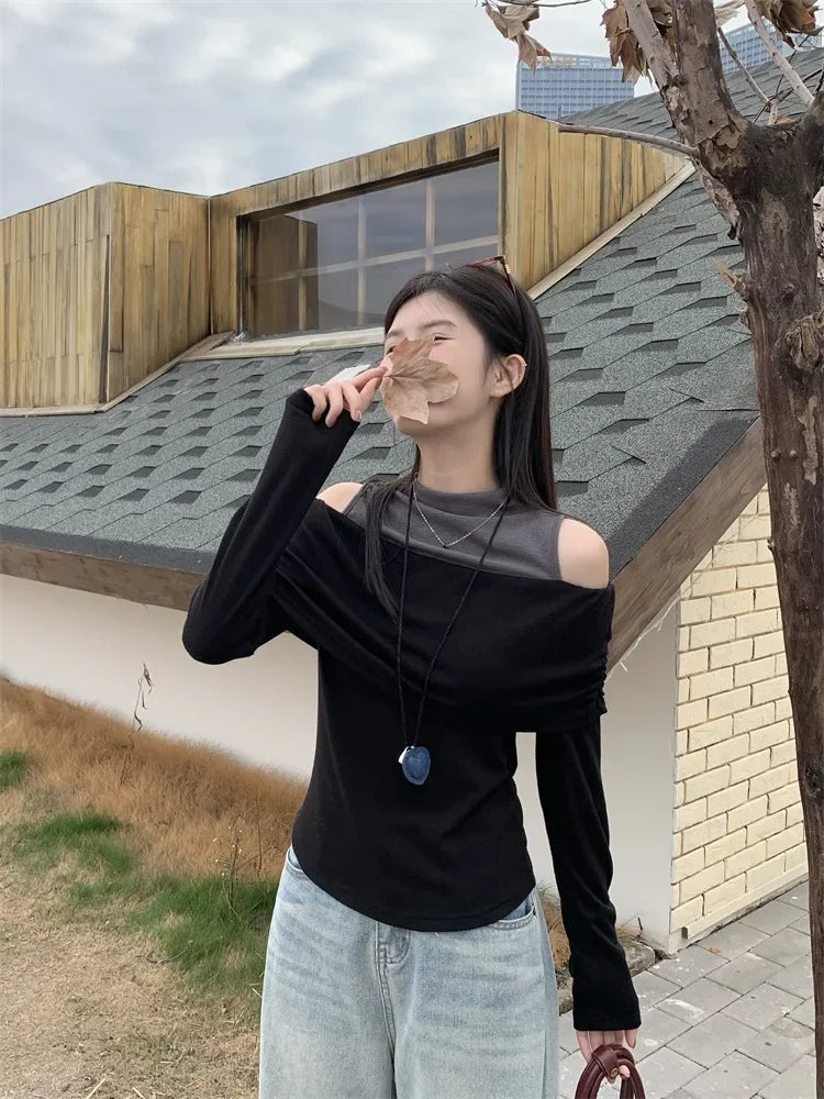 Retro American Shoulder Bared Long Sleeve T Shirt Women Spring Autumn Spicy Girl Fake Two Piece Base Shirt High Collar Polyester.