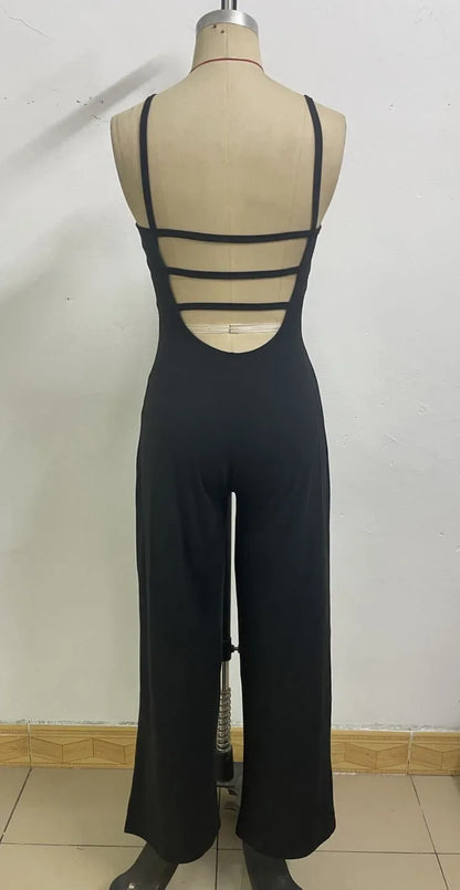 Fashionable Solid Color High Waist Bell Bottom Jumpsuit Backless Strap Casual Women's Long Pants One Piece Suit Female