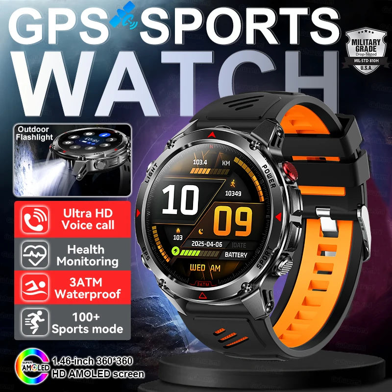 2025 New Outdoors Sports Military GPS Smart Watch 3ATM Waterproof Built-in Dual-Band GPS Compass Altimeter Swimming Smartwatches
