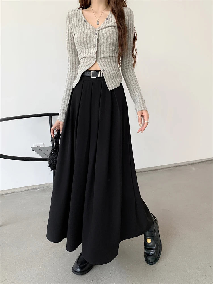 2024 New Korean Skirt Women Solid Color Versatile Mid-length Pleated Skirt Large Swing Type Skirt Female Long Skirts for Women.