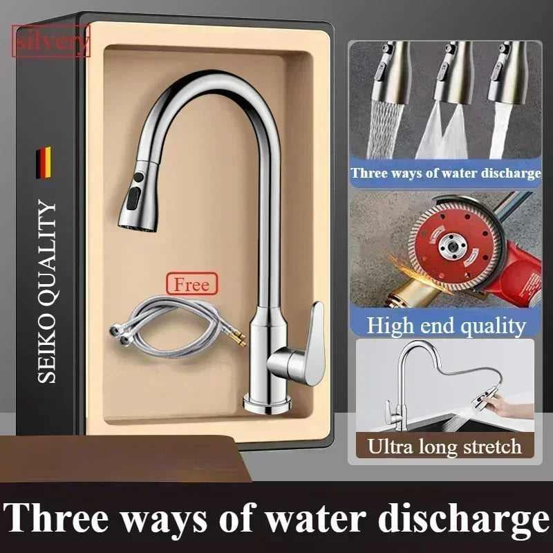 Kitchen Faucets Fine copper gun gray kitchen sink pull-out faucet household sink washbasin rotating hot and cold faucet