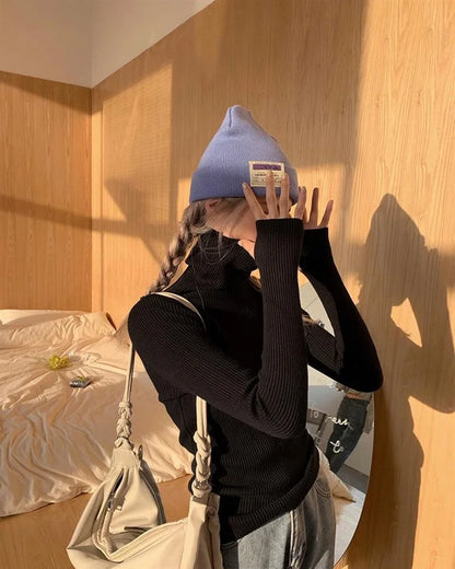 Neue Herbst Winter Grundlegende Gestrickte Tops Frauen Rollkragen Pullover Casual Pullover Koreanische Mode Einfache Mit Daumen Löcher Chic Kleidung