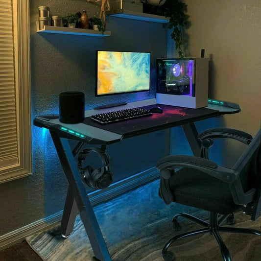 Gaming Schreibtisch PC Computer Gamer Schreibtisch Ergonomische Workstation mit RGB Led-leuchten Kopfhörer Haken Tasse Halter für Home Büros